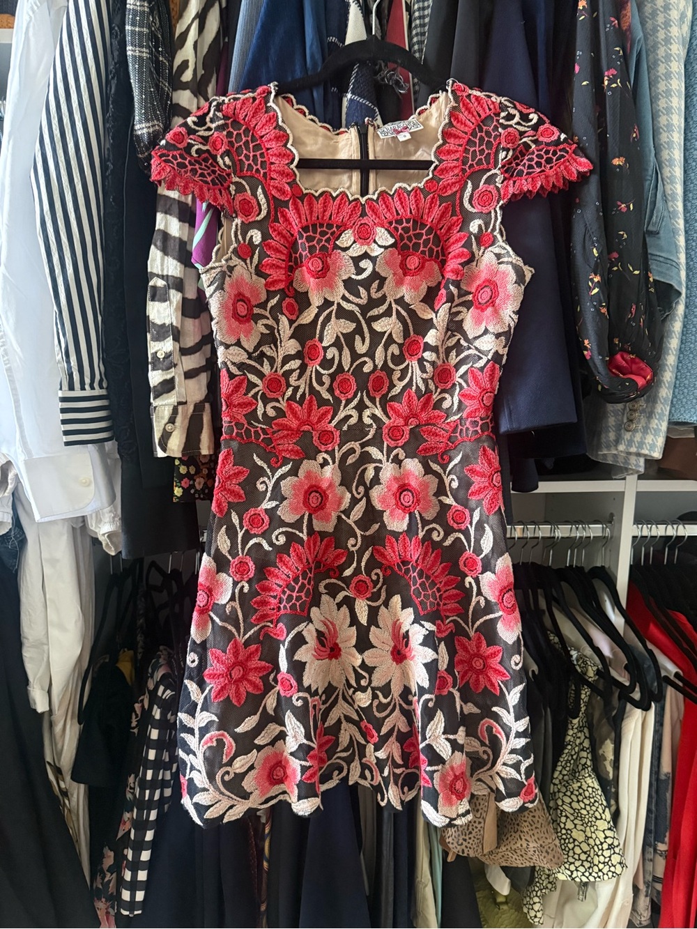 Yoana Baraschi Black Mini Dress with Pink and Cream Floral Embroidery
